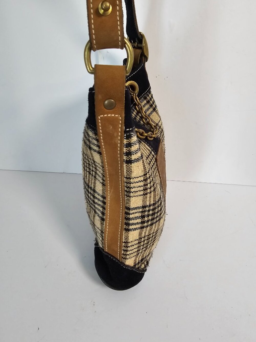 5/A Baker Blanket Bag Plaid Suede Tan Black Shoulder Preppy Equestrian - Picture 6 of 9